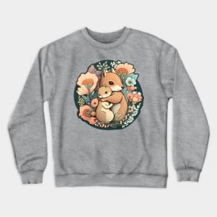 Mother and Baby Squirrel Embracing in Flowers Garden Crewneck Sweatshirt